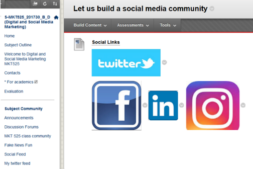 Screenshot of subject site with links to social media
