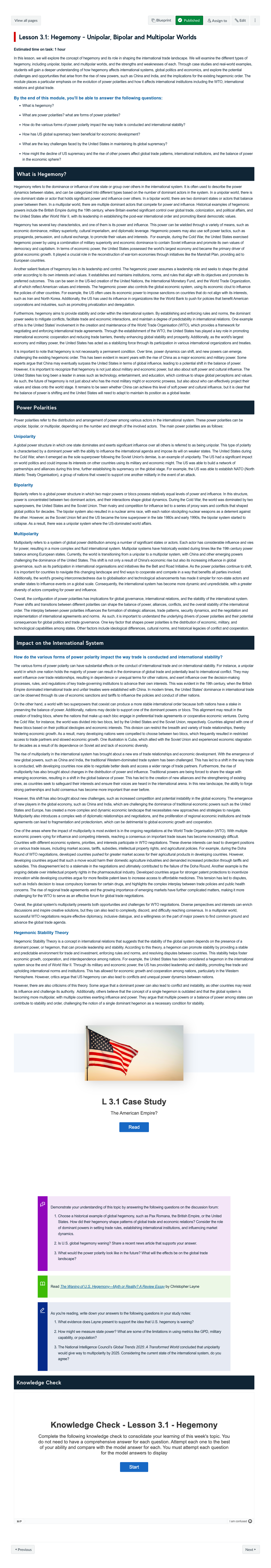 Lesson 3.1: Hegemony - Unipolar, Bipolar and Multipolar Worlds