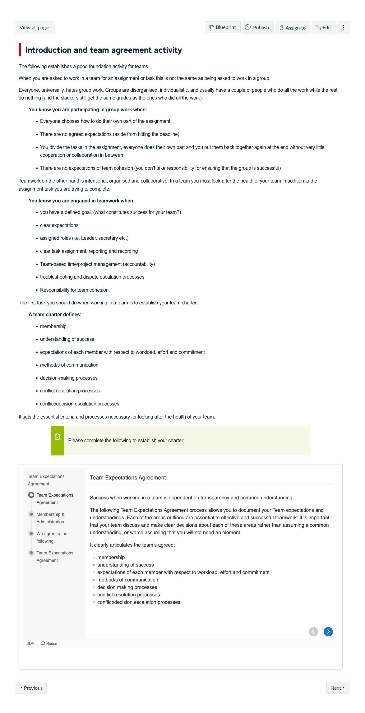 Introduction and team agreement activity