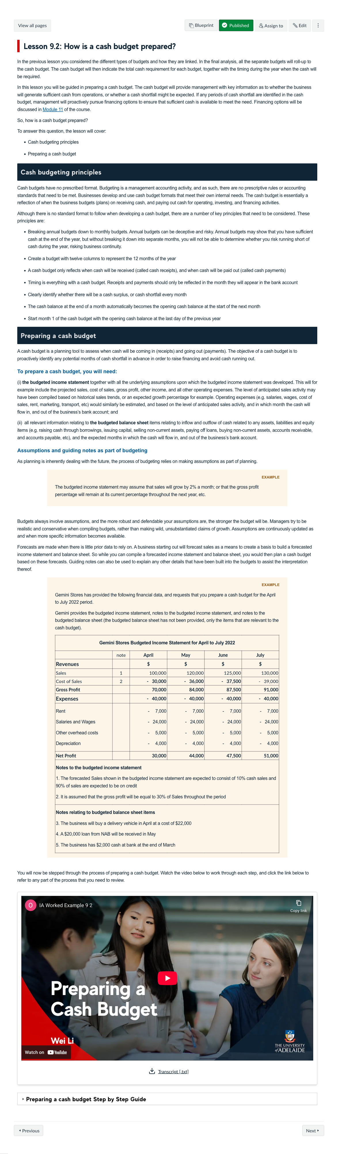 Lesson 9.2: How is a cash budget prepared?