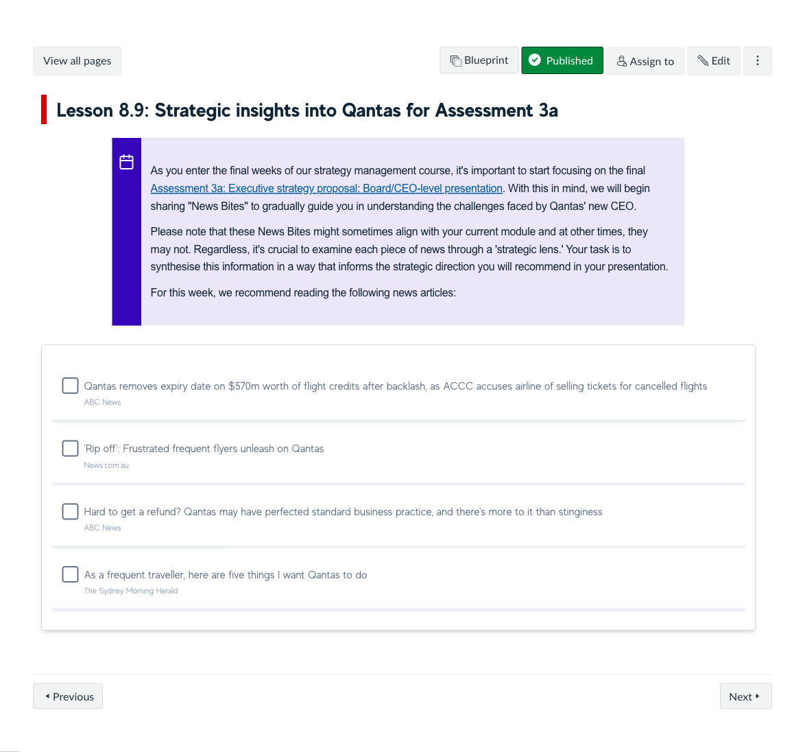 Lesson 8.9: Strategic insights into Qantas for Assessment 3a